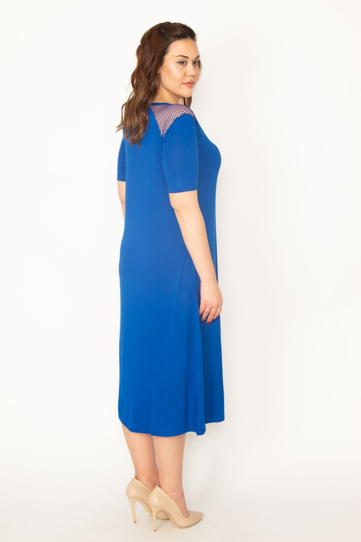 Şans-Women's Large Size Saks Mesh Detailed Viscose Dress 65n24063 3