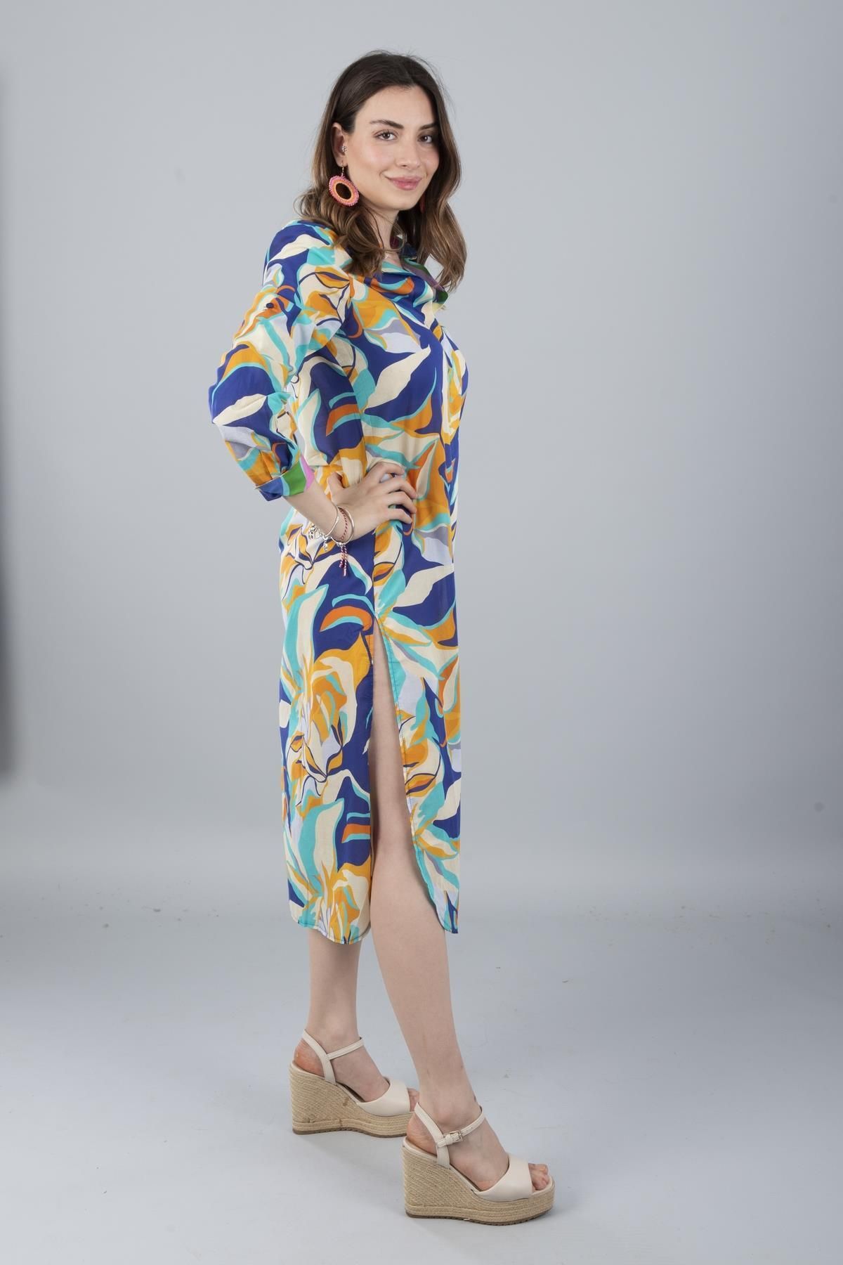 Bonitas Beachwear-Vual Long Sleeve Patterned Shirt Navy Blue Flower 7