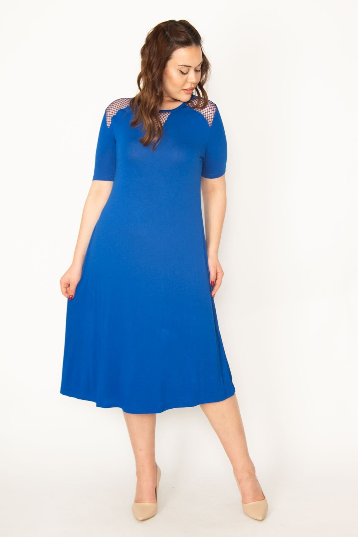 Şans-Women's Large Size Saks Mesh Detailed Viscose Dress 65n24063 6