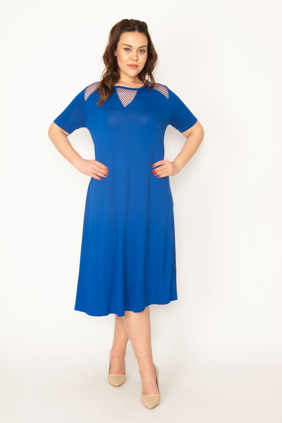 Şans-Women's Large Size Saks Mesh Detailed Viscose Dress 65n24063 5