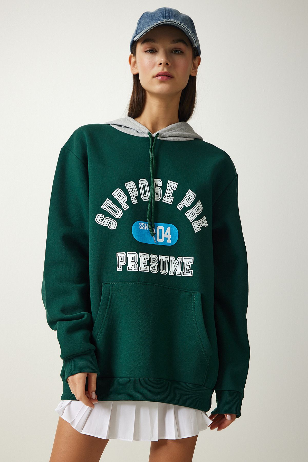 Lovelyİstanbul-Hooded Rose Gold Printed Sweatshirt Emerald Green Low0034 3