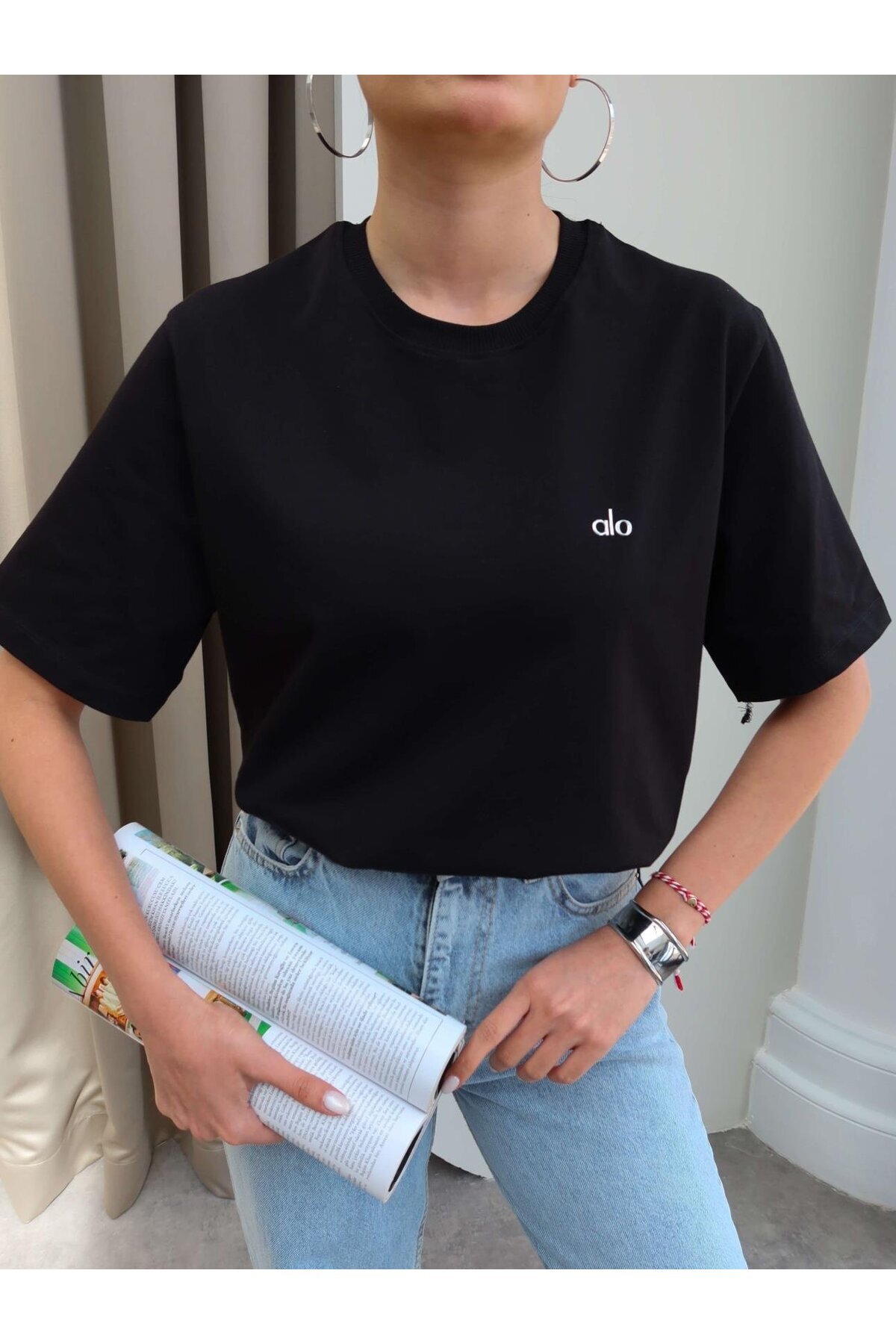 YouLikeButik Metallic Printed Oversize T-Shirt-Black