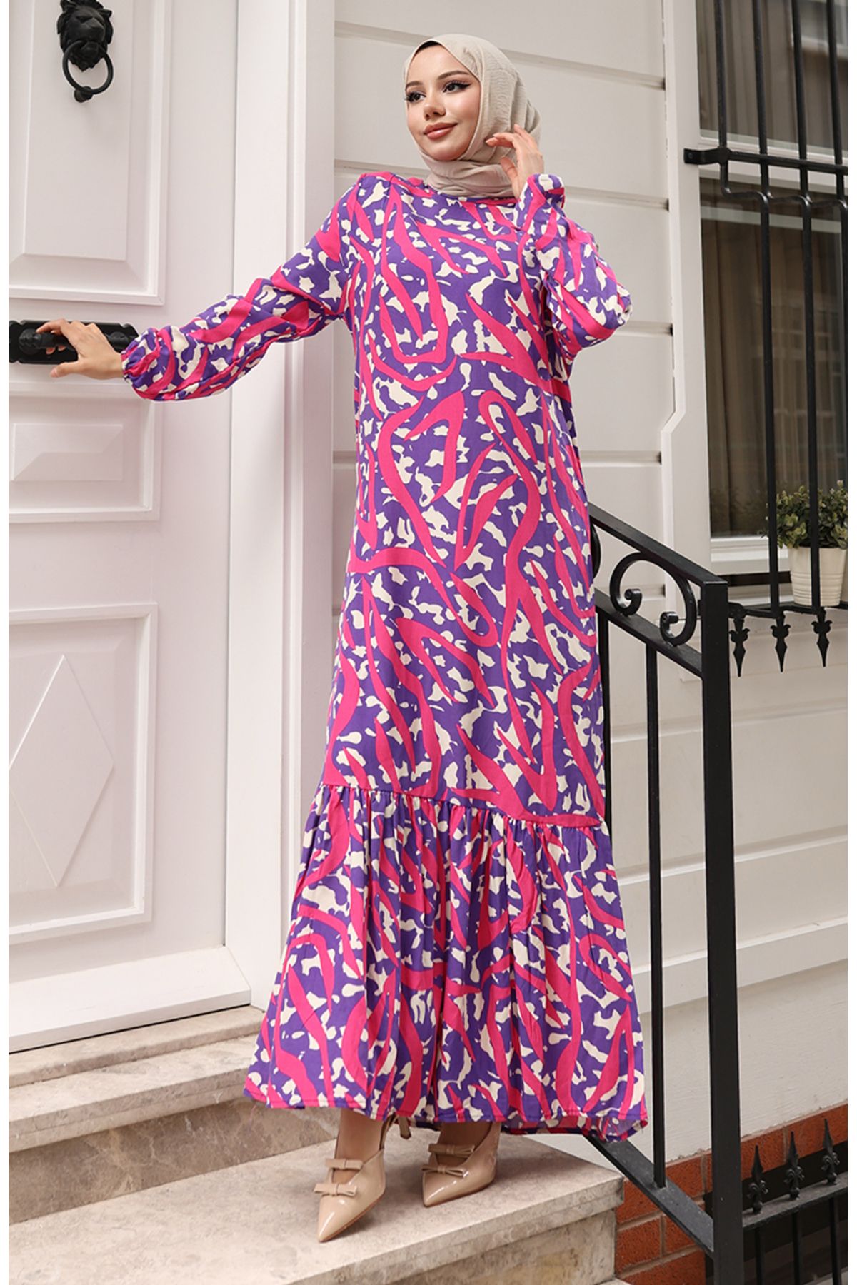 sefamerve-Fuchsia Motif Fabric Handle Elastic Dress 2016-05 1
