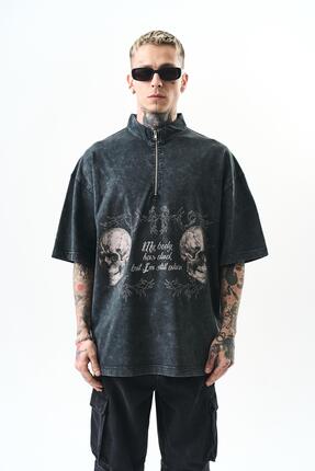 Respire Erkek Still Alive Baskılı Yarım Fermuarlı Yıkamalı Oversize T-Shirt S...