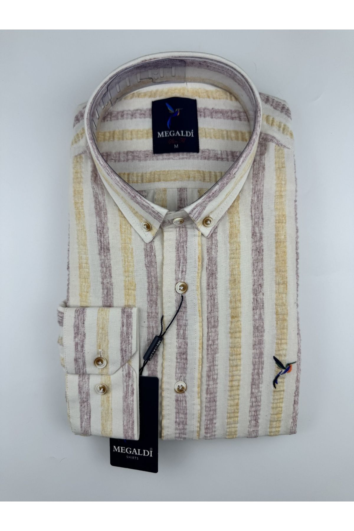MEGALDİ Erkek Slim Fit Kesim Bordo Sarı Likralı Gofre Desenli Çizgili Uzun Kollu Gömlek