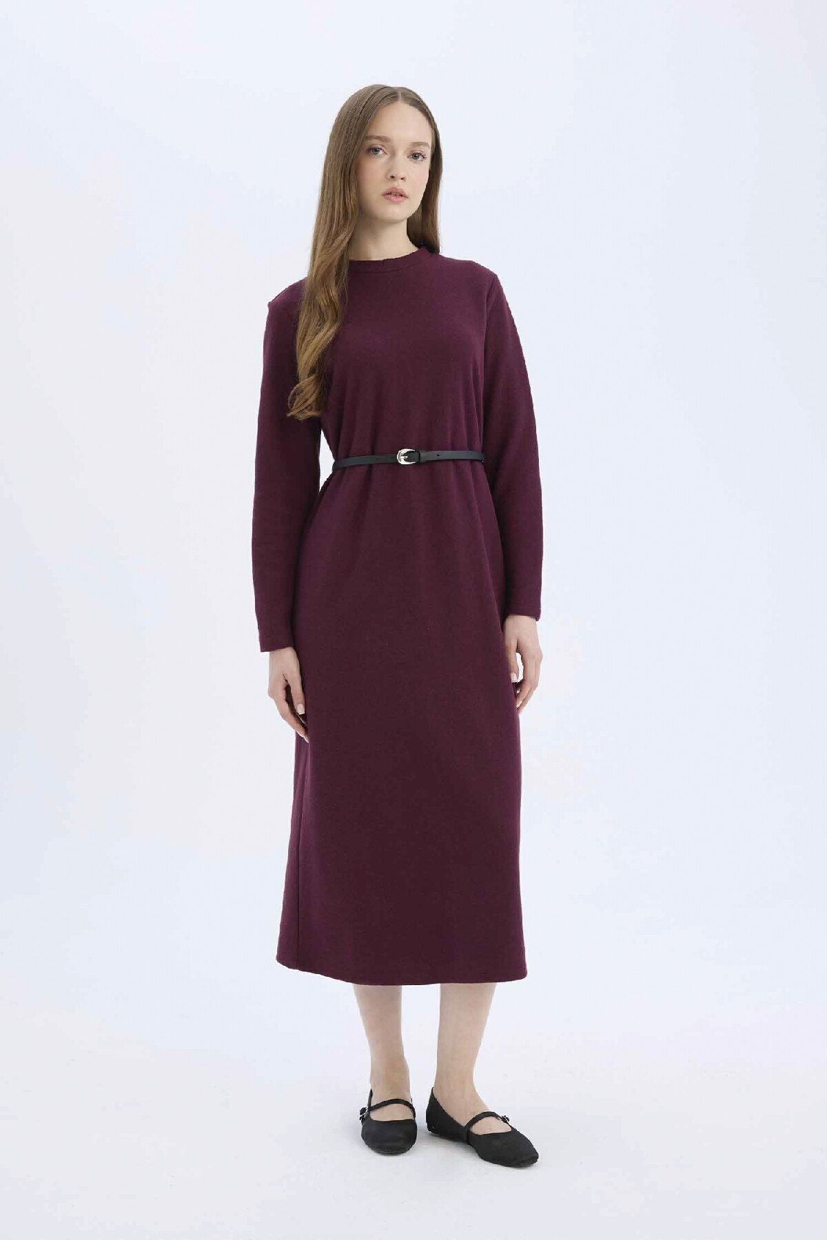 DeFacto-Reguläre Passform, Rundhalsausschnitt, lange Ärmel, Gürtel, Thessaloniki-Stoff, Maxi-Hijab-Kleid E5790ax25sp 2