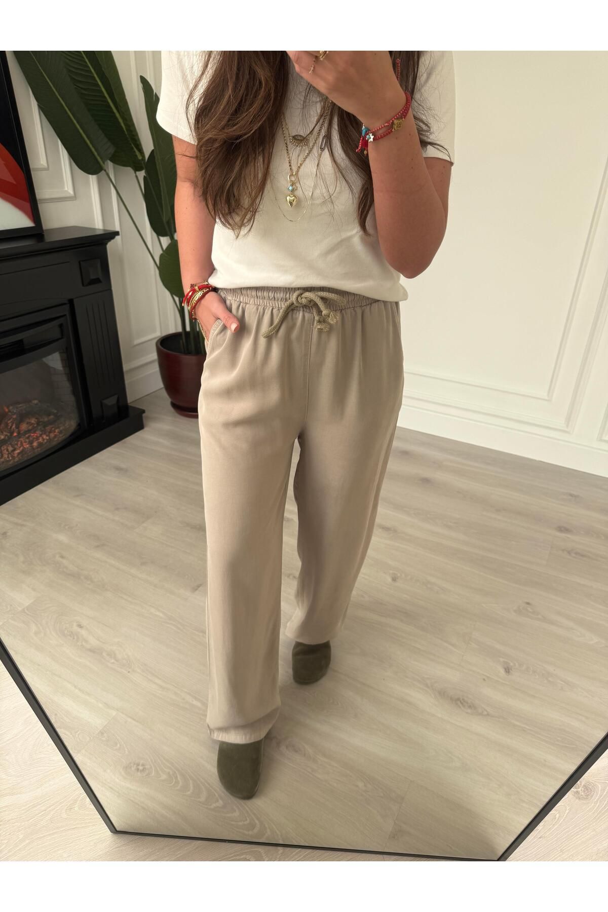 begum mayda Bej, Beli Lastikli, Gabardin Lyocell Premium Palazzo Pantolon