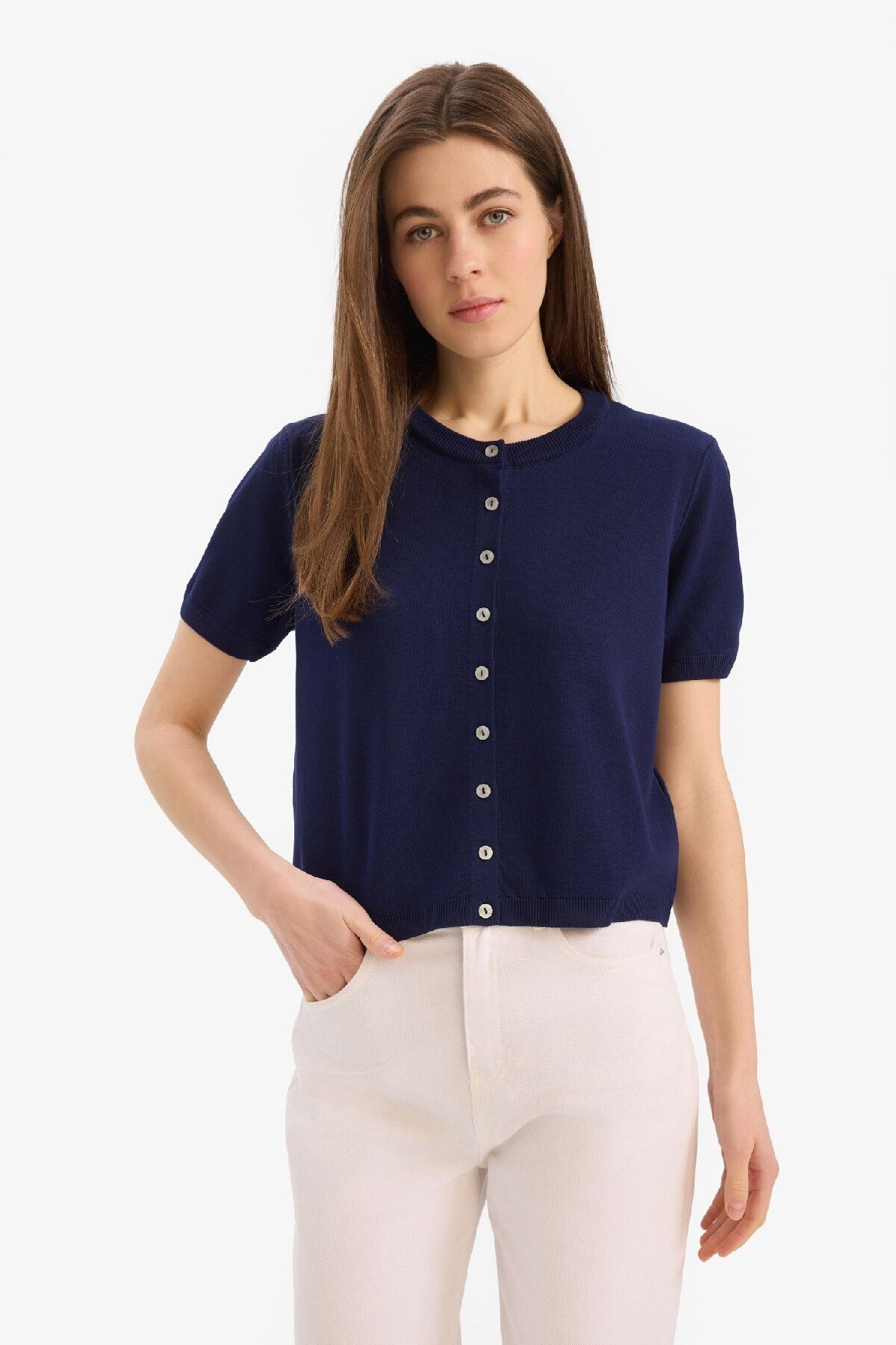 DeFacto-Regular Fit Rundhalsausschnitt Basic Plain Trikot Strickjacke E5770AX25SM 3