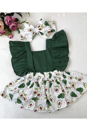 ŞAPKAKİDS Kız Bebek Yeşil Avakado Desen Fırfır Salopet Bandana Set