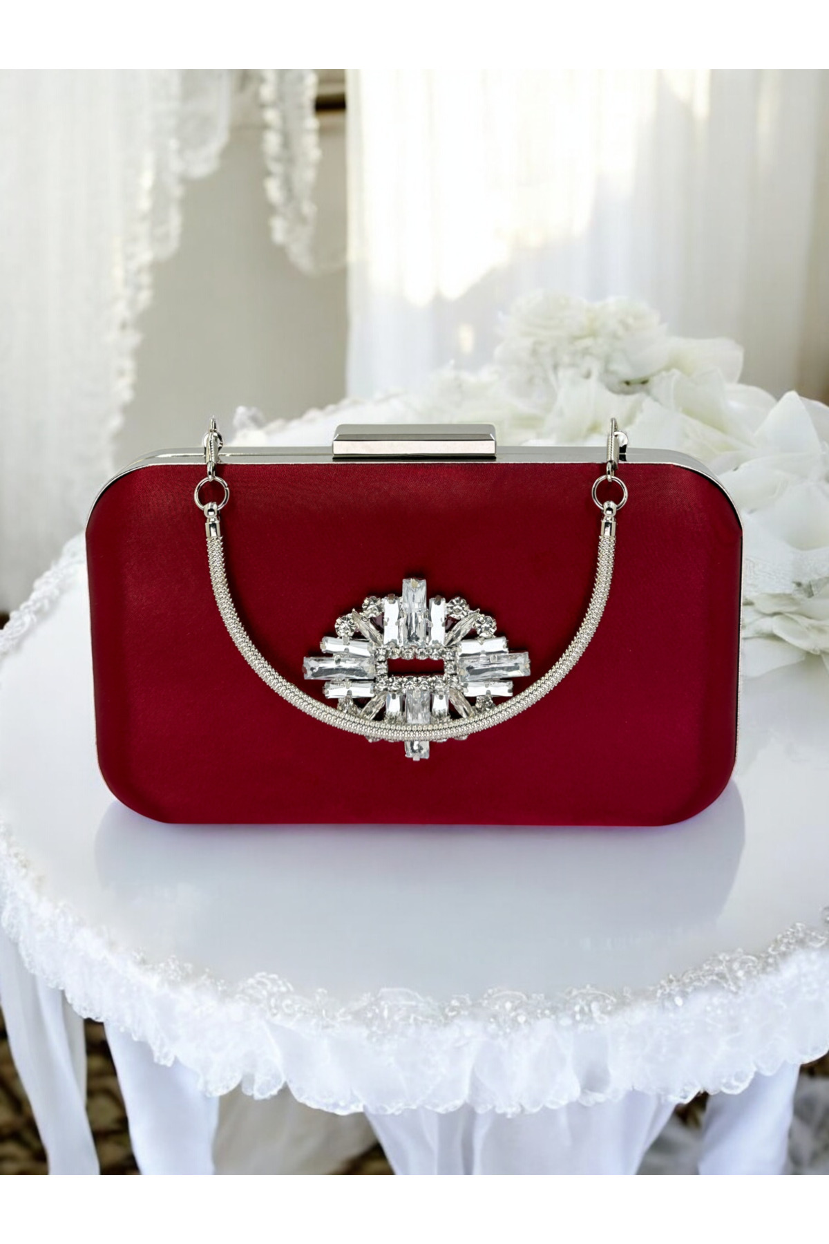 Biçanta-Burgundy Crystal Stone Metal Handle Satin Women's Evening Bag Evening Dress Bag Wedding Engagement Graduation 4