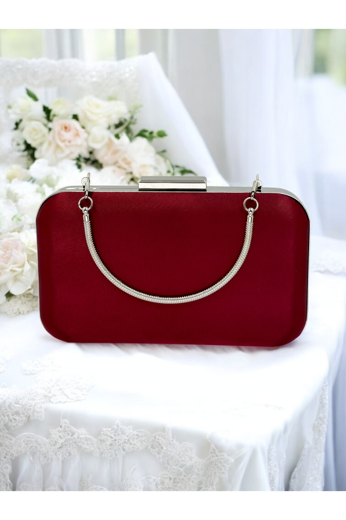 Biçanta-Burgundy Crystal Stone Metal Handle Satin Women's Evening Bag Evening Dress Bag Wedding Engagement Graduation 6