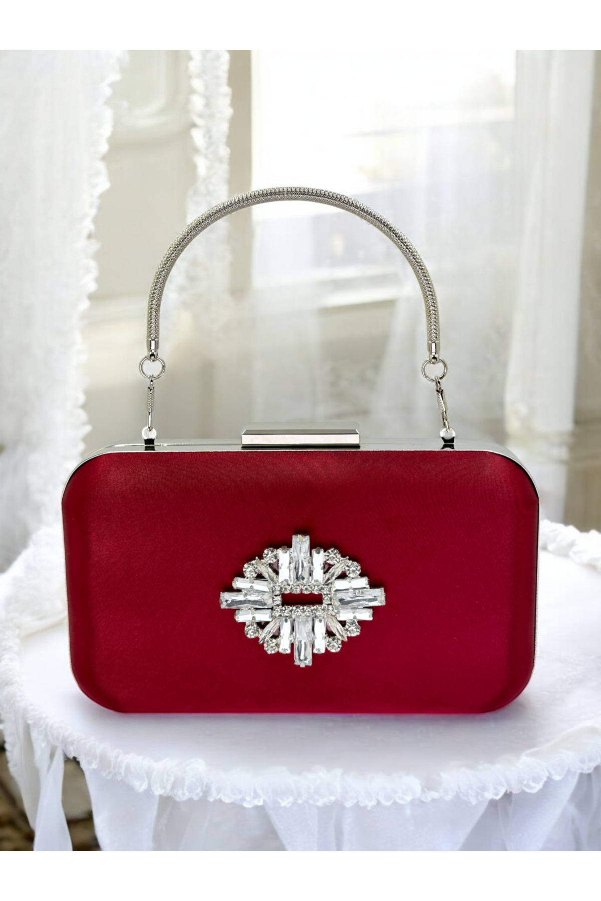 Biçanta-Burgundy Crystal Stone Metal Handle Satin Women's Evening Bag Evening Dress Bag Wedding Engagement Graduation 2