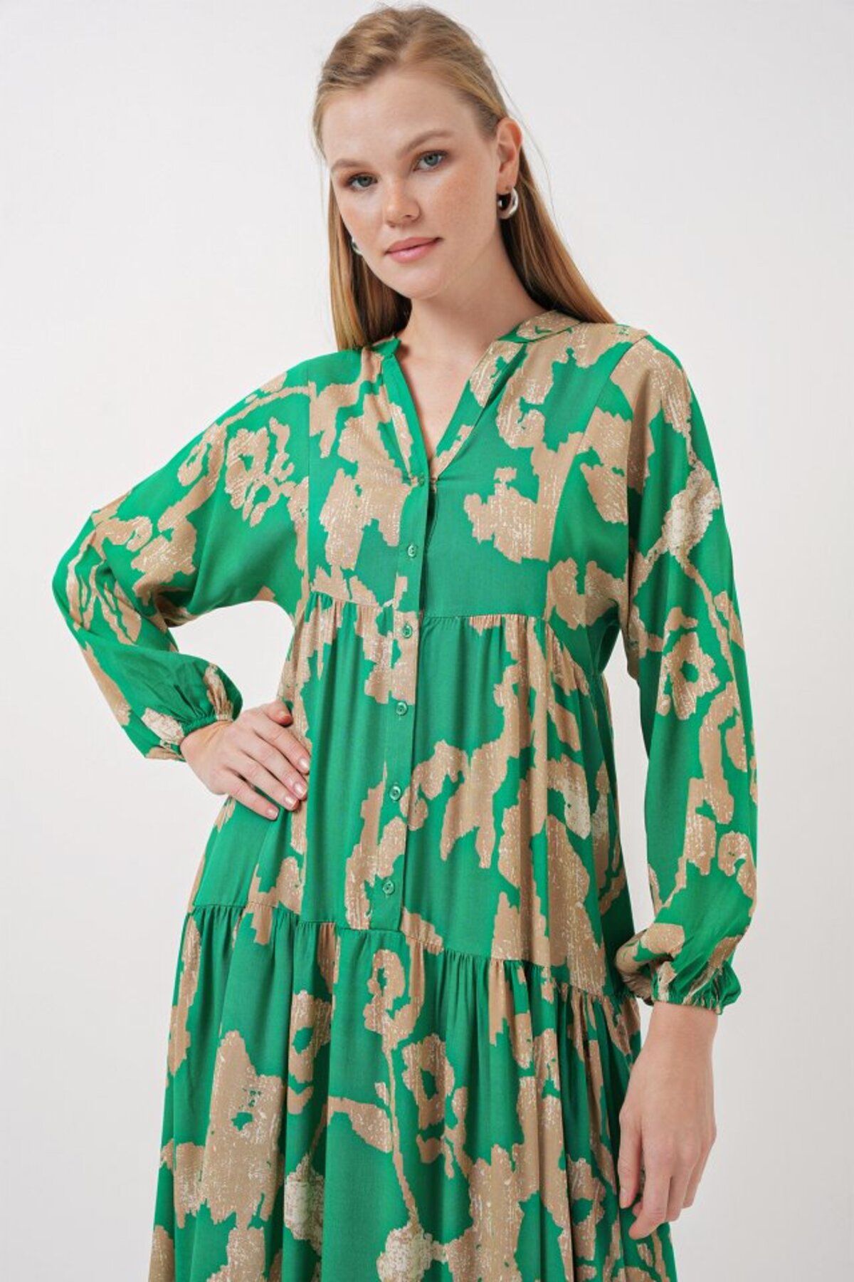 TUA MODA-Tua Moda 2423 Authentic Patterned Hijab Dress - Emerald Green 4