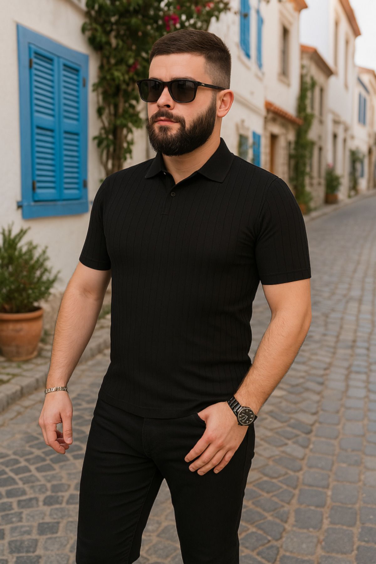 Asap Triko Dokuma Yakalı T-shirt - Siyah