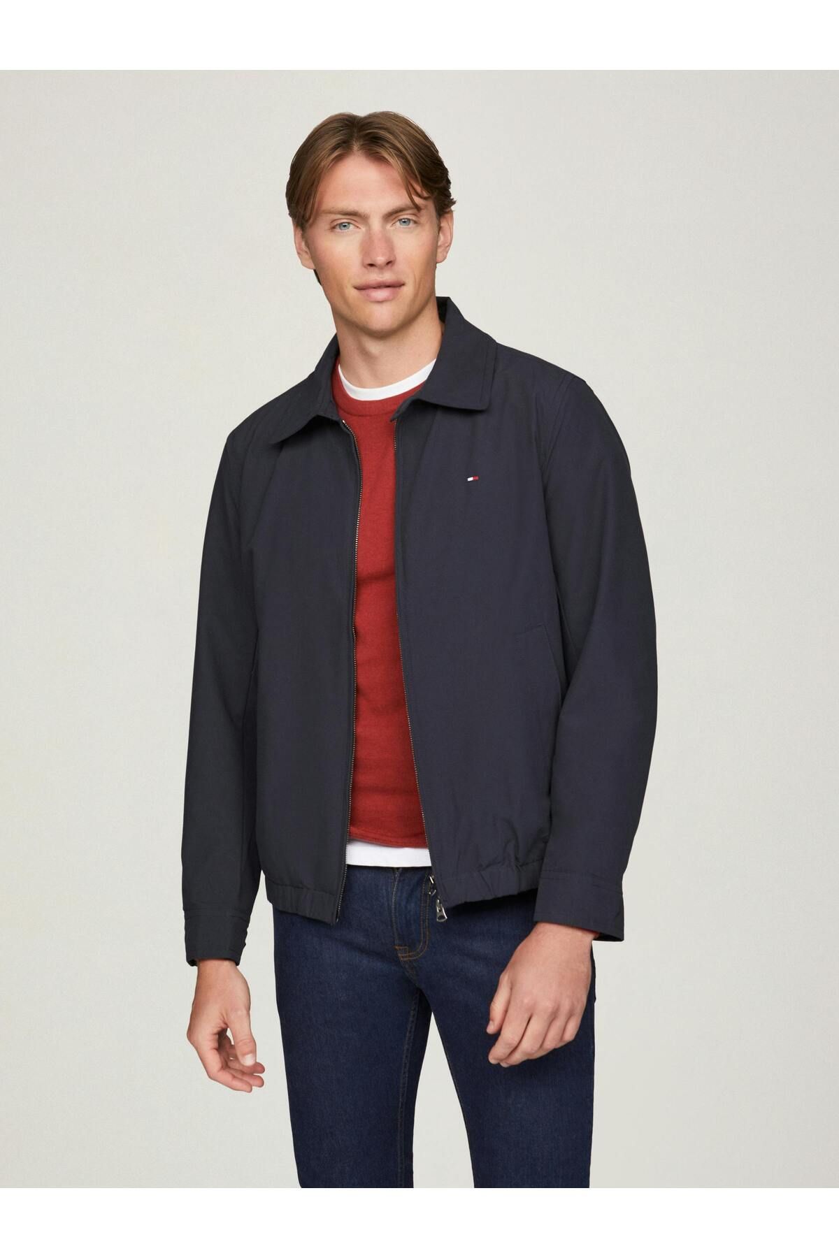 ژاکت زیپی یقه شیاردار مردانه با آستین بلند ژاکت آبی سرمه ای MW0MW37649-DW5 Tommy Hilfiger
