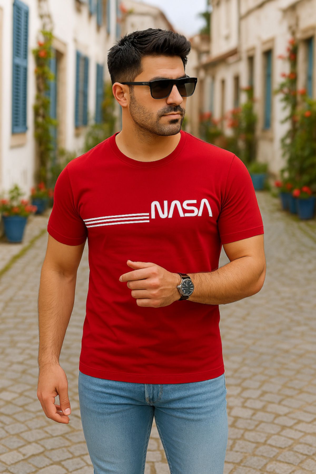 Asap Erkek Kısa Kollu Nasa Baskı Basic Erkek T-shirt