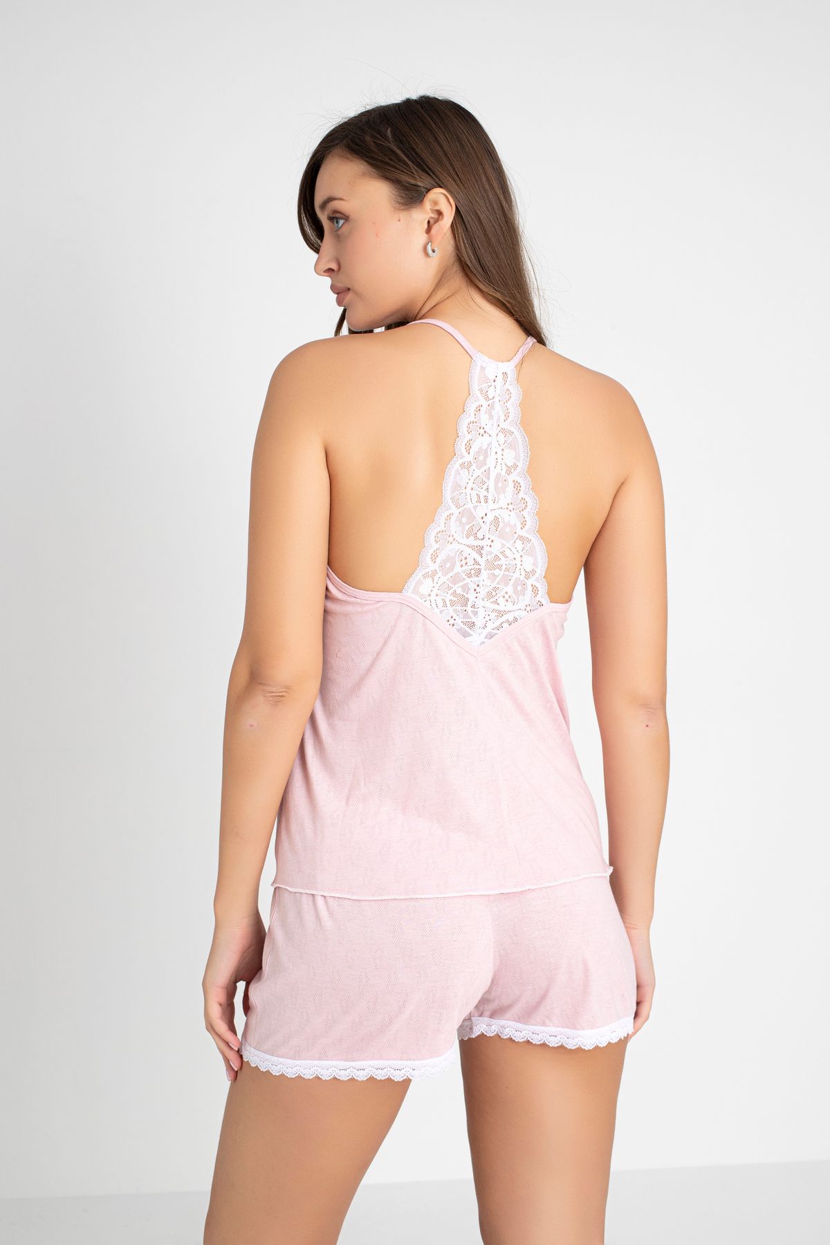 DONEX-Lace Detailed Jacquard Rope Strap Shorts Pajamas Set 3