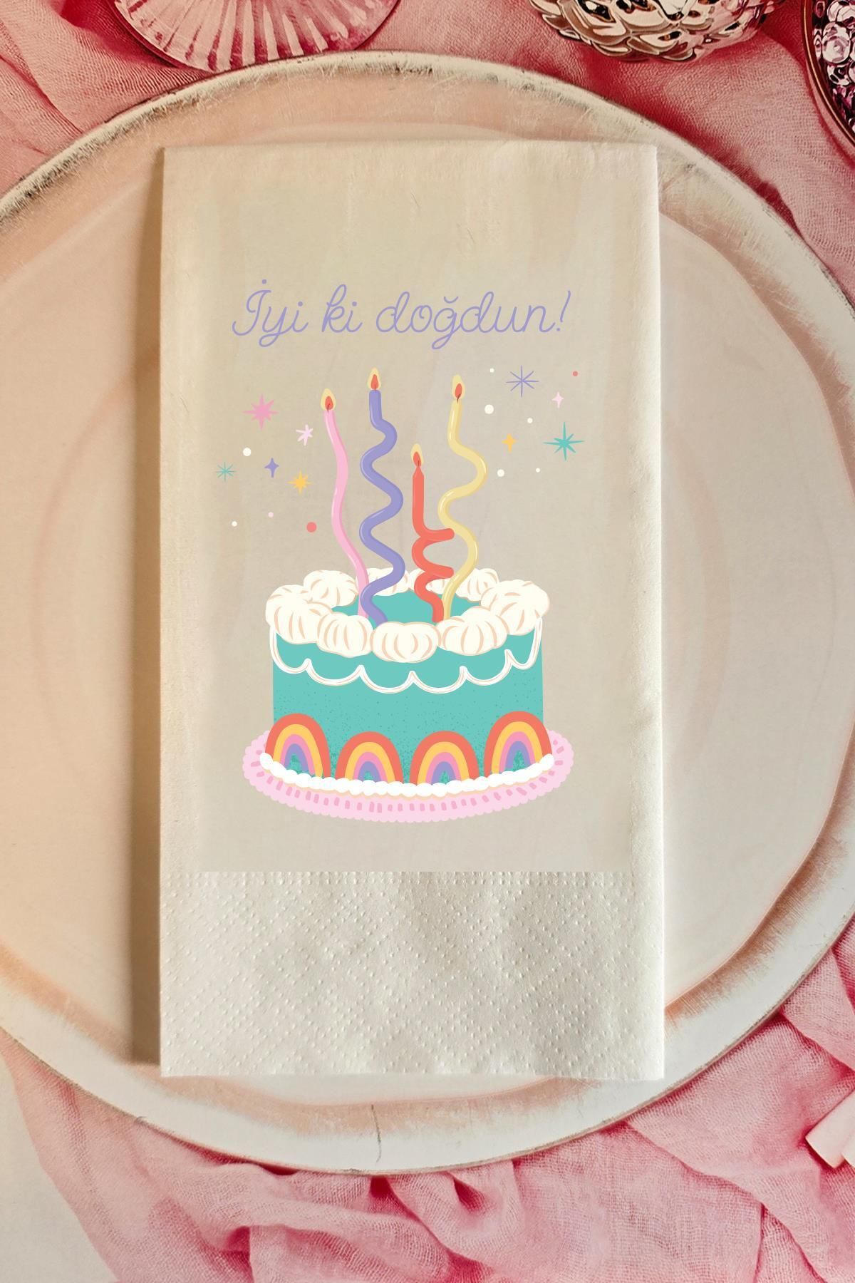 PEKSHOP Spiral Mumlu Rengarenk Doğum Günü Pastası Baskılı Doğum Günü Peçetesi 20li