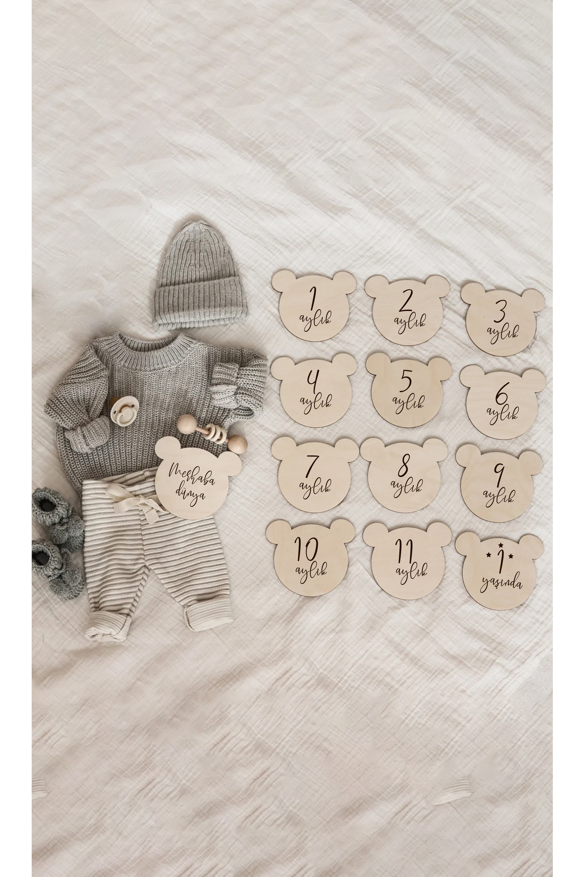 acargrafik Ahşap Ayıcık Şekilli Aylık Bebek Fotoğraf Çekim Kartları – 1-12 Ay fotoğrafı 2 (önizleme)