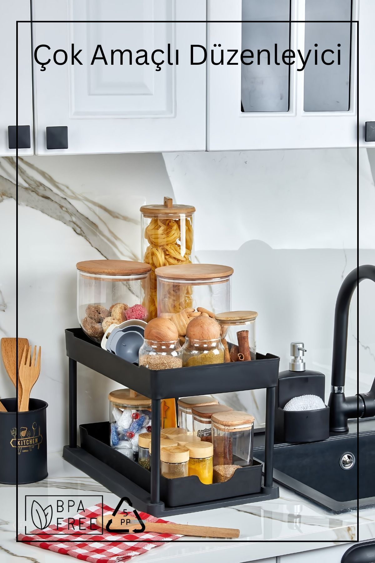 NY HOME Organizator Multifuncțional Cu 2 Niveluri Sub Chiuvetă, Negru - One Size