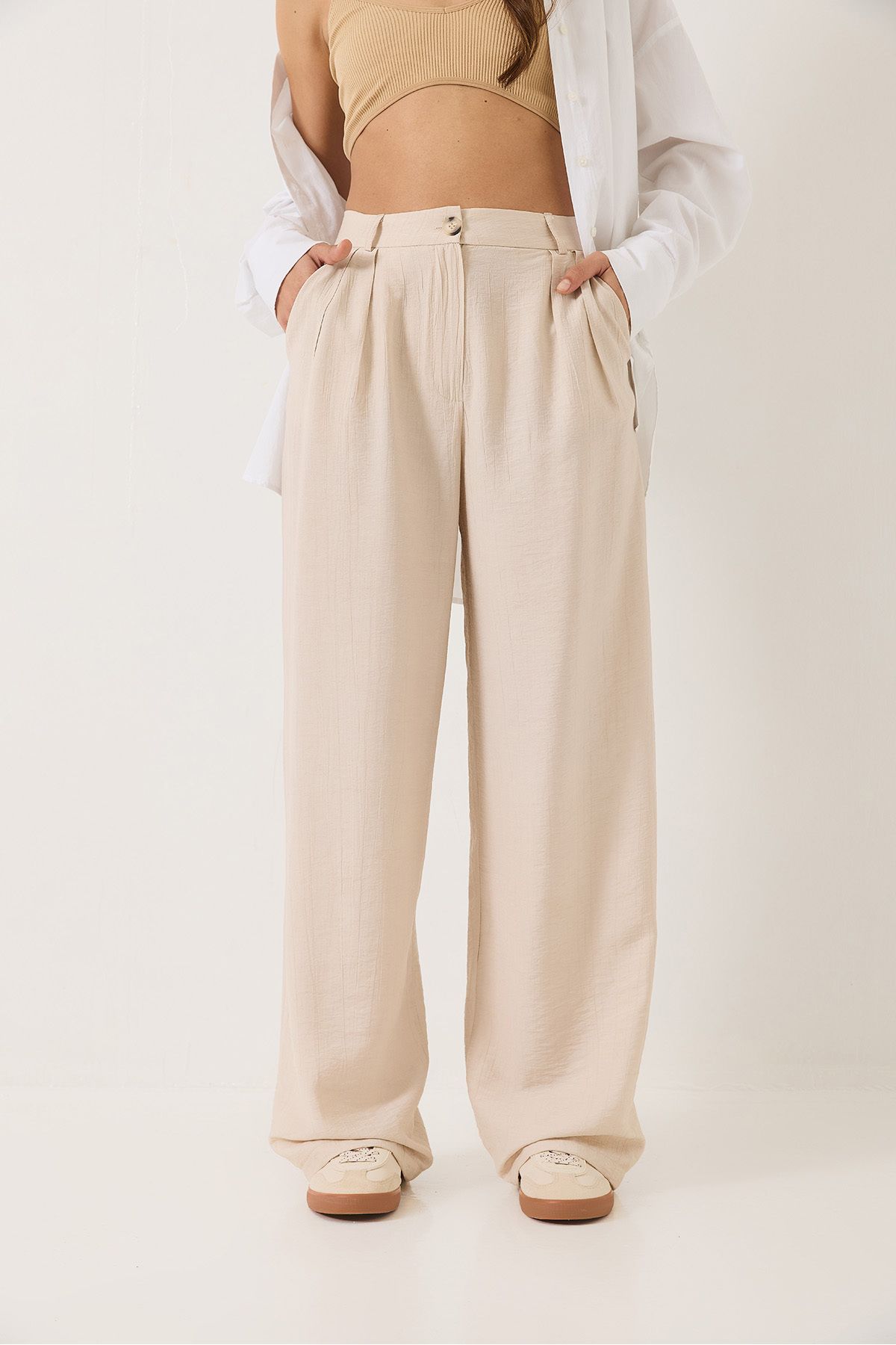 Bianco Lucci-Pantaloni de damă din stofă Palazzo cu buzunar 80115 60283049 4