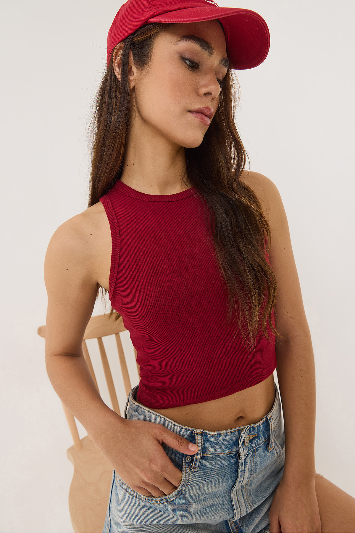 Bianco Lucci-Damski żebrowany top z dekoltem halter, podstawowy top typu crop top 60602045 3