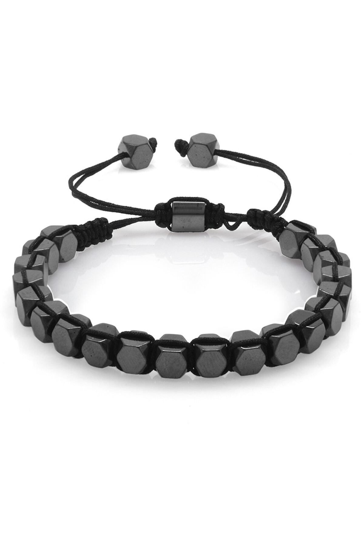 Tesbihane-Macrame Braided Hexagonal Prism Design Hematite Natural Stone Women's Bracelet 1