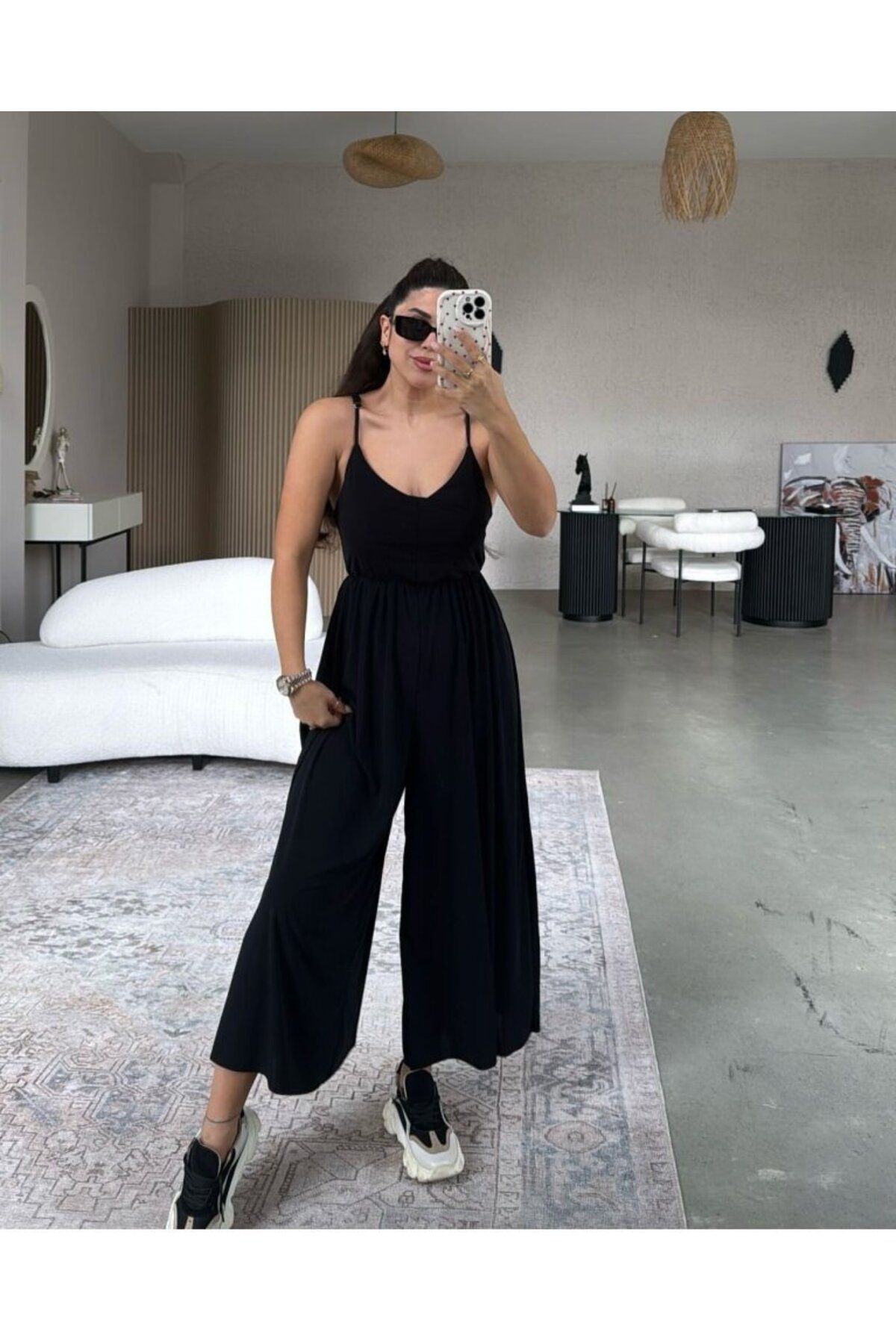 velmorafashion Kadın Ayarlı Çapraz İnce Askılı Bol Paça Rahat Kesim Tulum