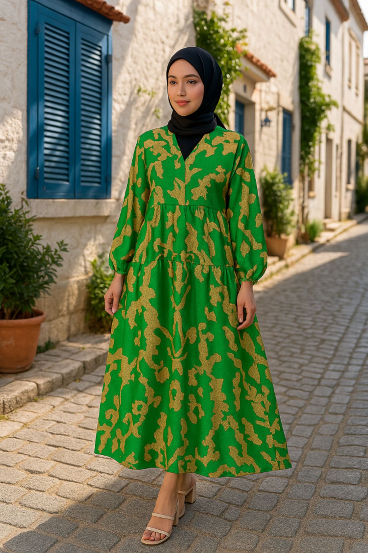 Aydoganticaret44 2423 Otantik Desenli Tesettür Elbise - Zümrüt Yeşili