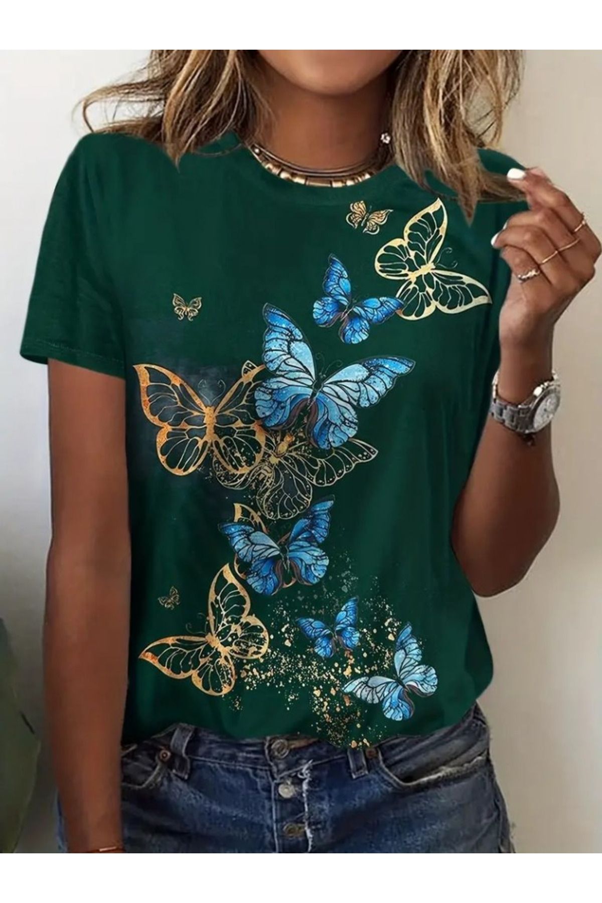 velmorafashion Kadın Kısa Kollu Mavi Sarı Kelebek Baskı Süprem Bluz