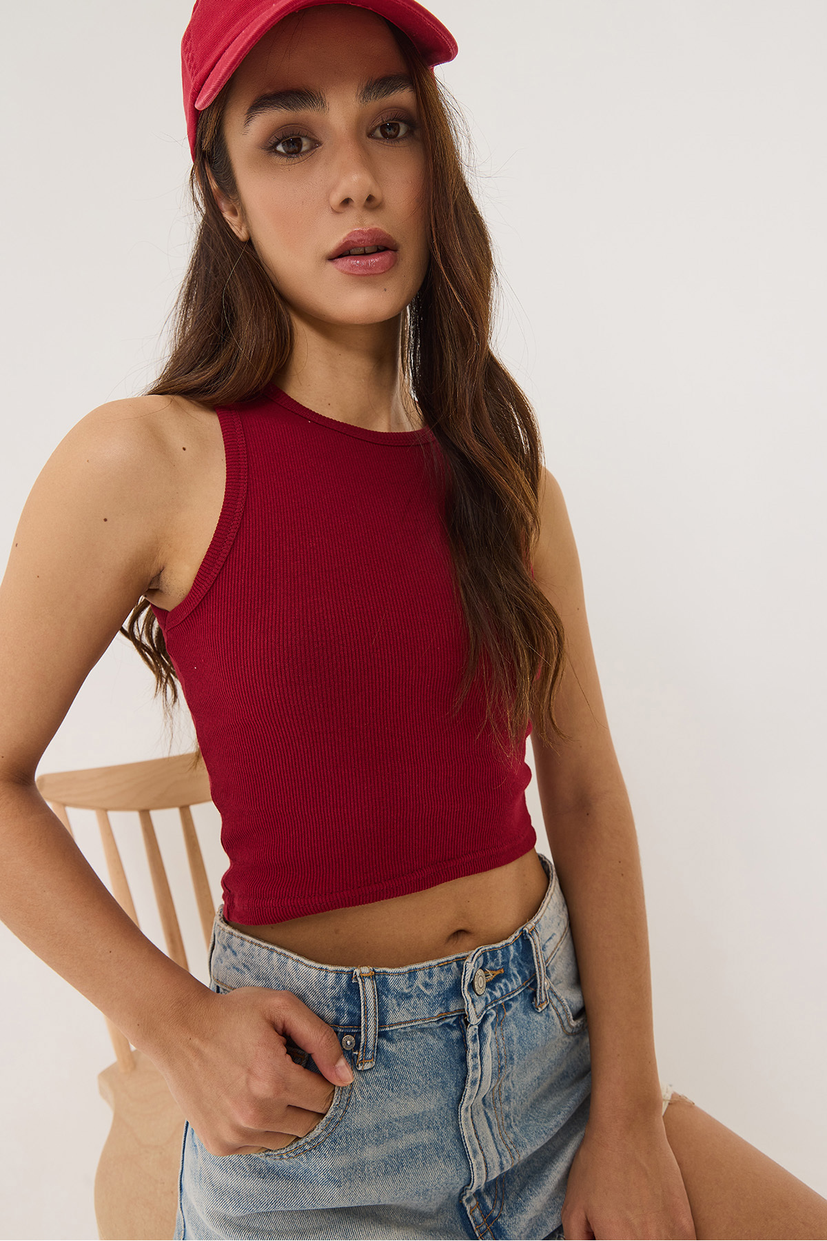 Bianco Lucci-Damski żebrowany top z dekoltem halter, podstawowy top typu crop top 60602045 4