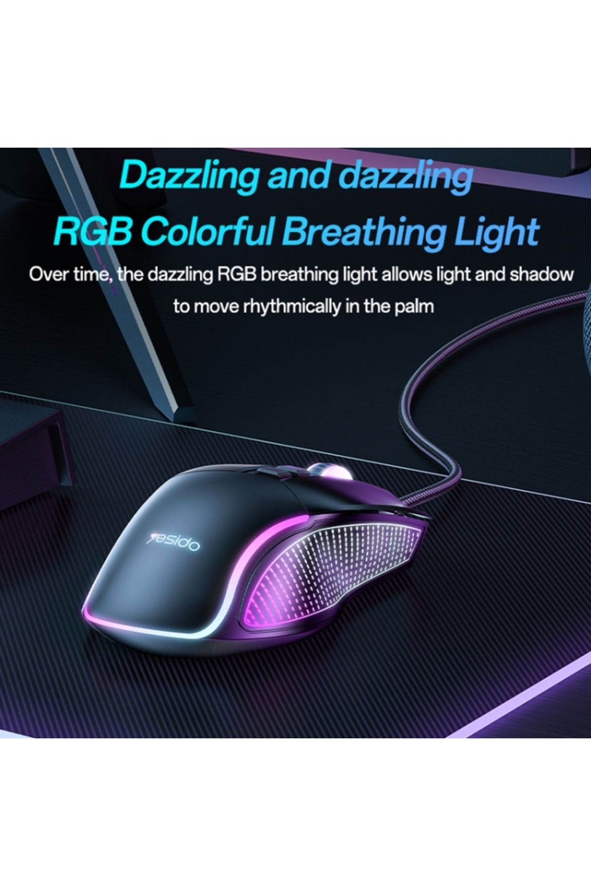 Yesido-ماوس سلكي KB20 USB بدقة 7200 نقطة في البوصة RGB (أسود) 8