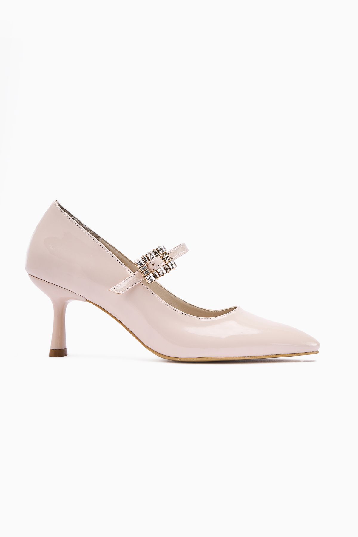 Limoya-Maria Beige Patent Leather Buckle Women's Heeled Shoes 3