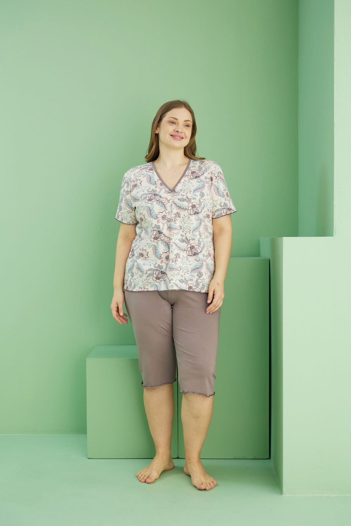 Siyah İnci-Mink Patterned Curve Large Size Oversize Cotton Capri Suit25112791 2