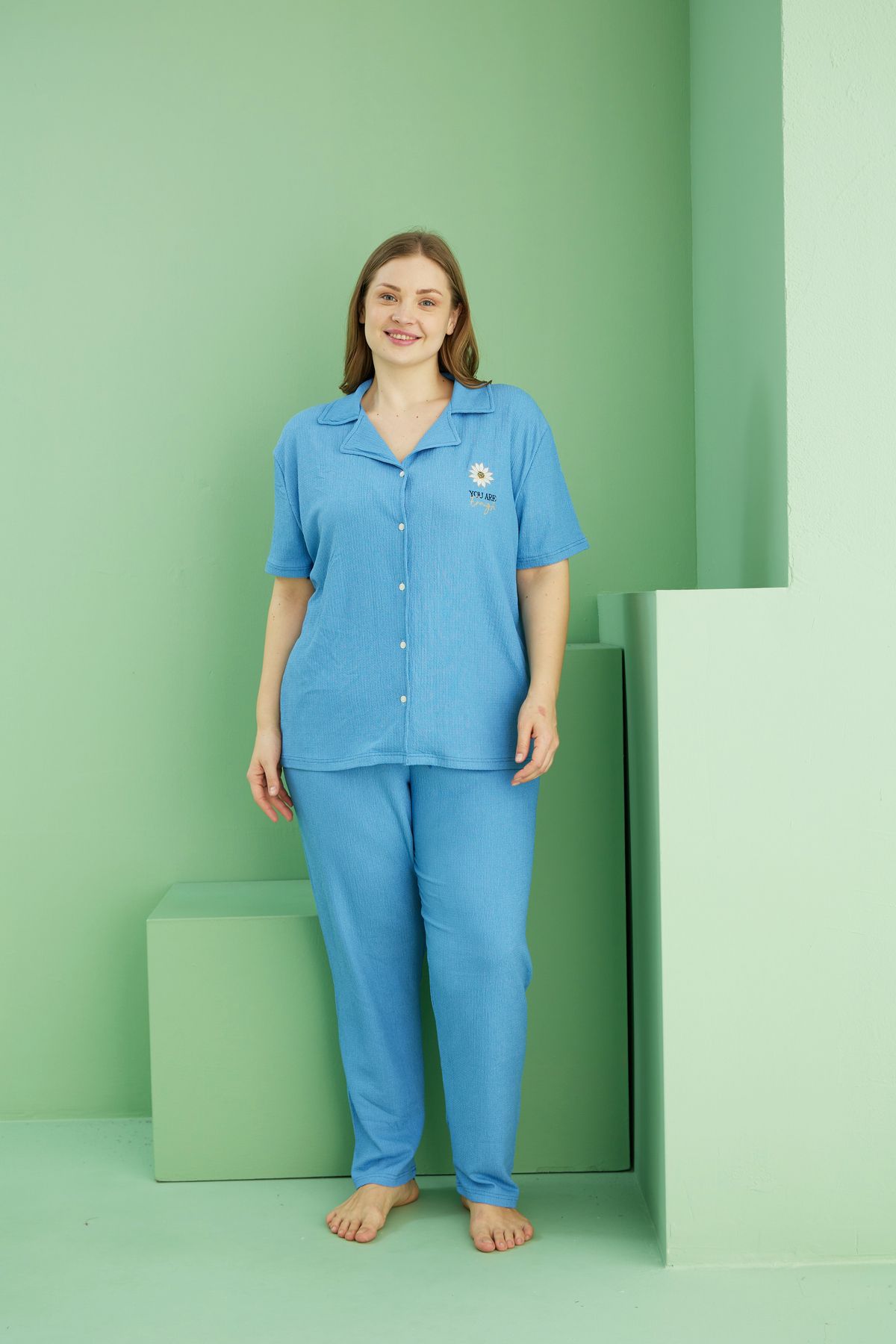 Siyah İnci-Blue Wrinkled Crinkle Fabriccurve Large Size Oversize Buttoned Pajama Set 2