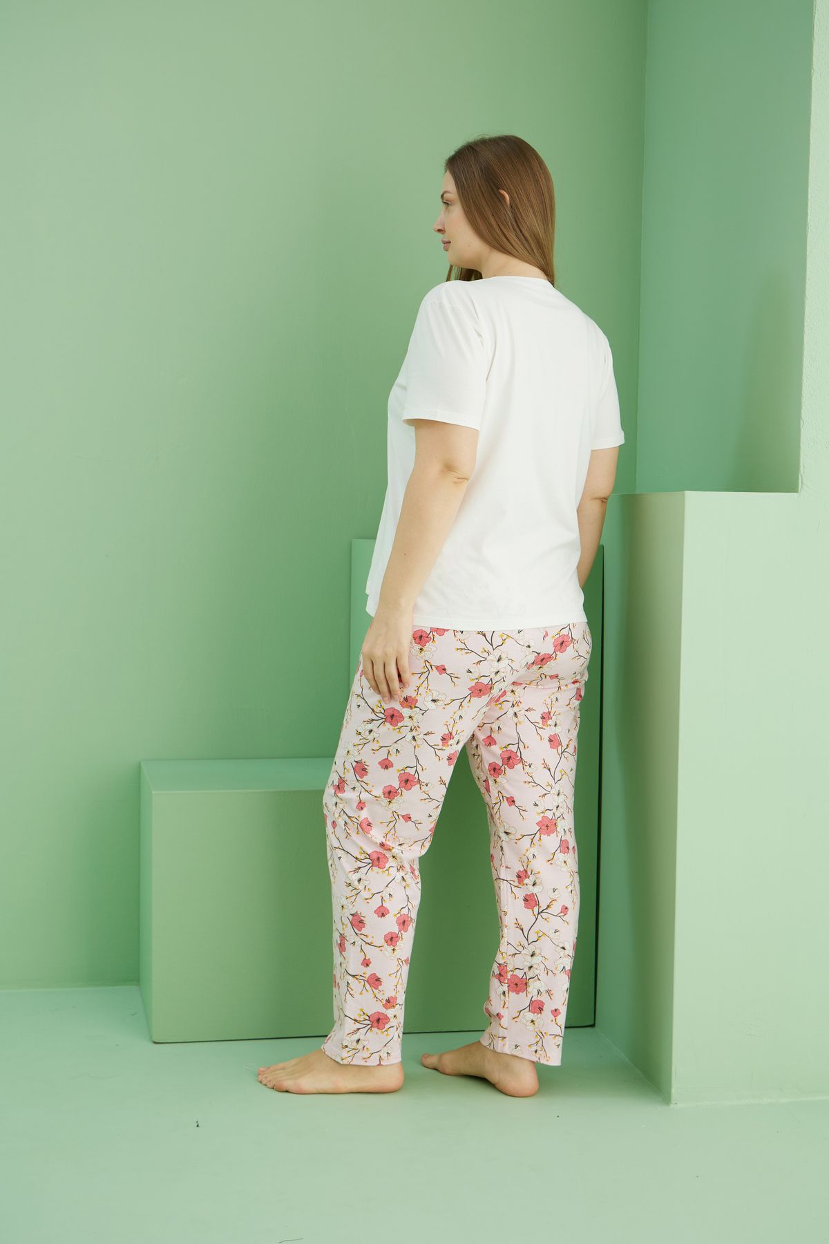 Siyah İnci-Ecru Patterned Curve Plus Size Oversize Cotton Pajama Set 25113753 3