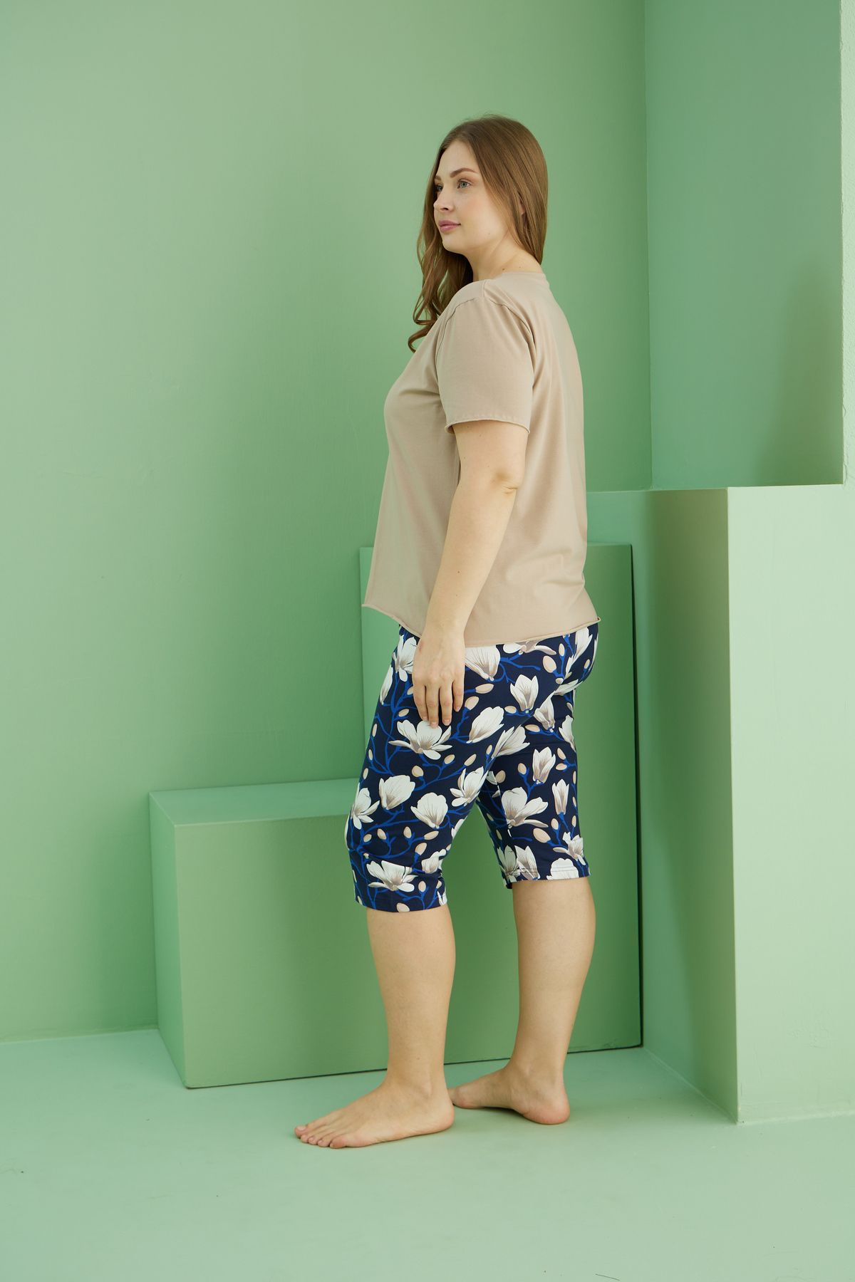 Siyah İnci-Mink Patterned Curve Large Size Oversize Cotton Capri Suit 25112769 3