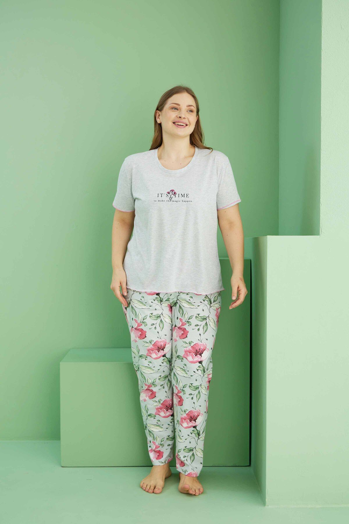 Siyah İnci-Costum de pijama supradimensionat din bumbac, cu dungi gri Melange Curve 25113807 2