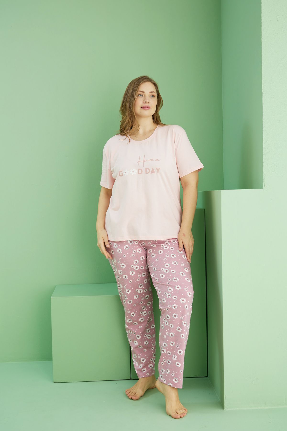 Siyah İnci-Salmon Patterned Curve Plus Size Oversize Cotton Pajama Set 25113741 2