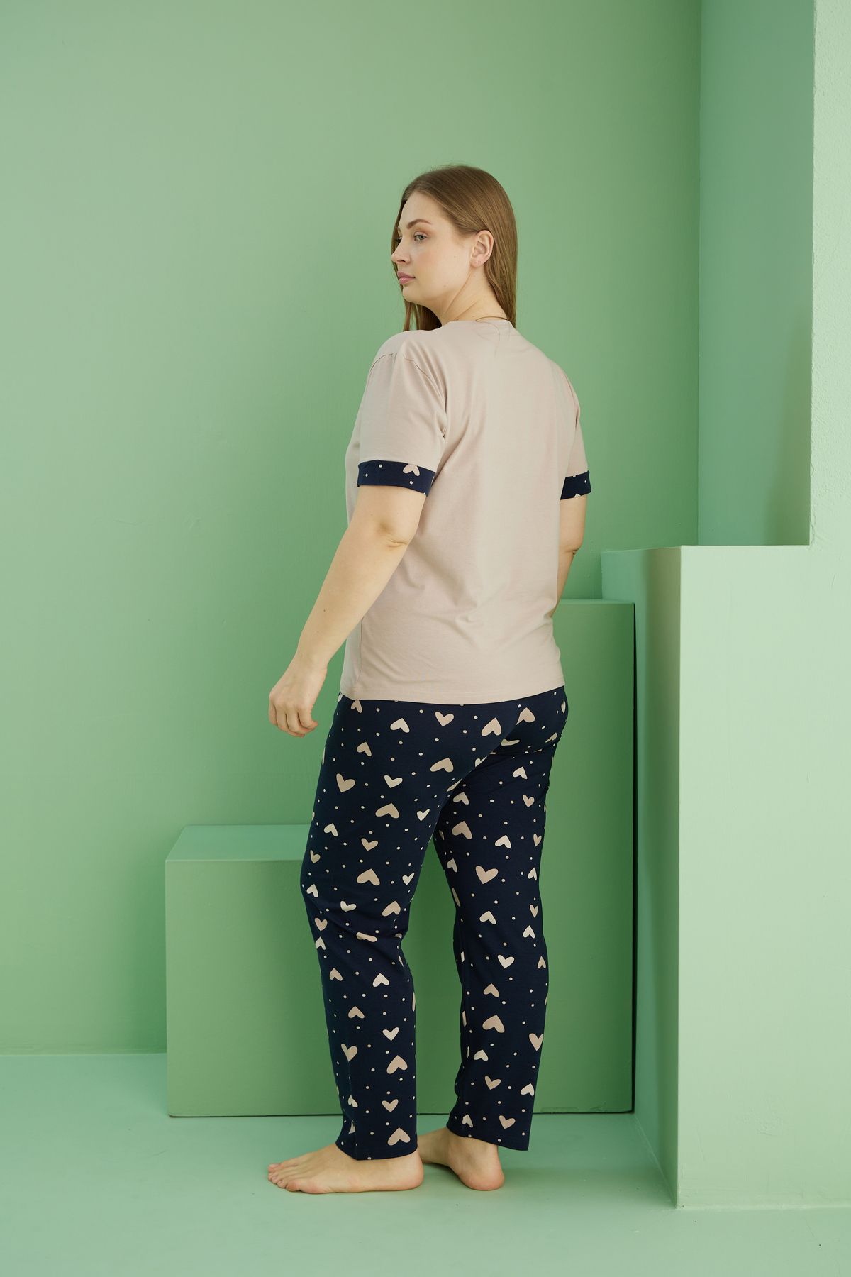 Siyah İnci-Mink Patterned Curve Large Size Oversize Cotton Pajama Set 25113744 3