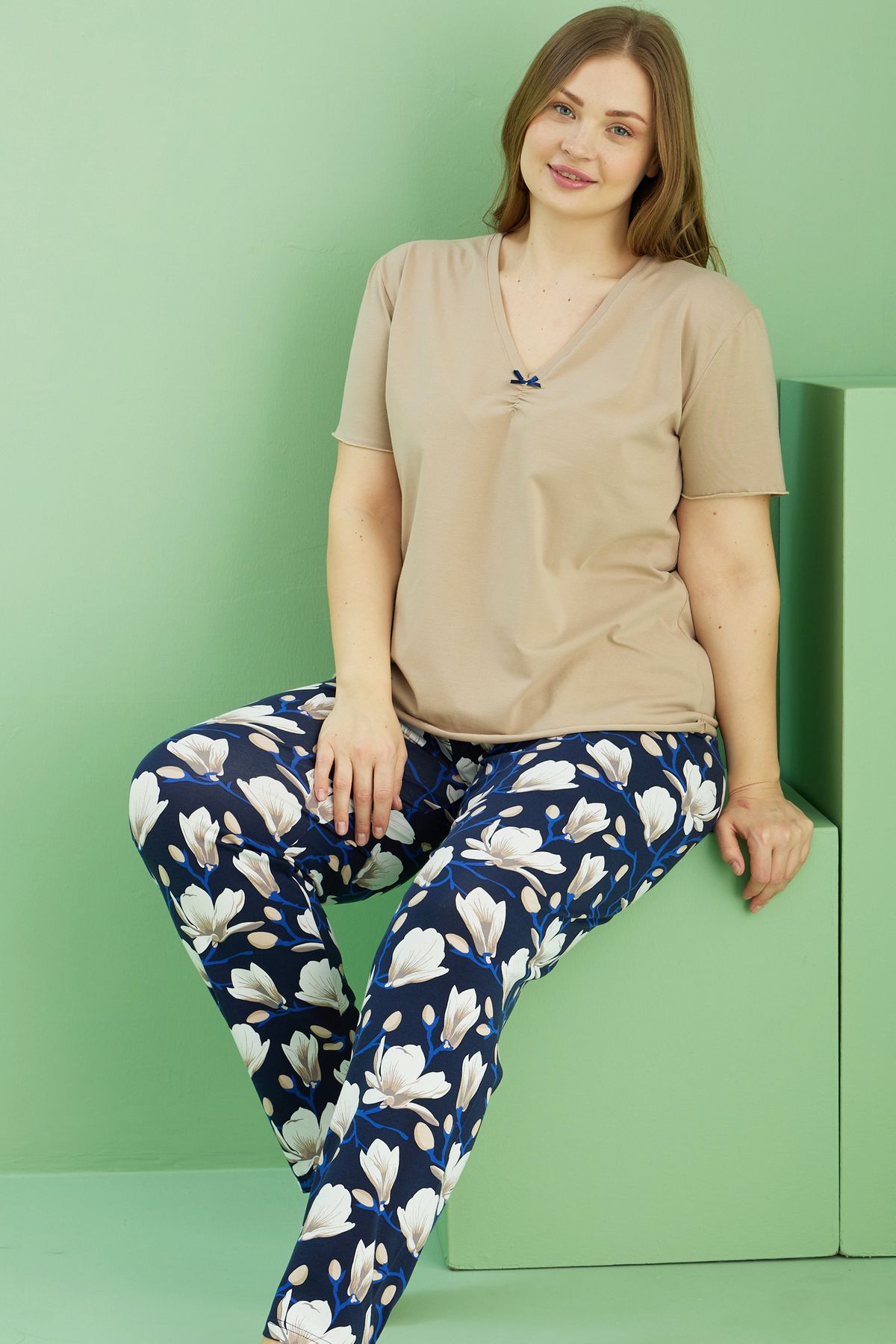 Siyah İnci-Mink Patterned Curve Large Size Oversize Cotton Pajama Set 25113747 1