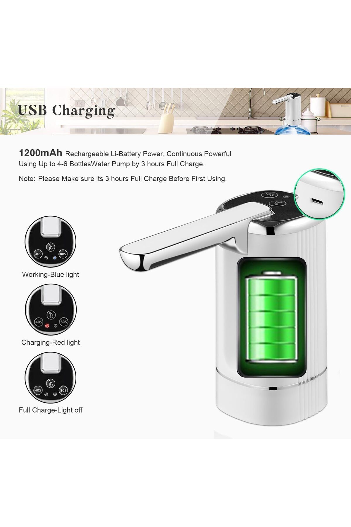 COOYA-Electric Foldable Water Bottle Pump, Timing & Quantitative Three Modes Type-C Charging (White) 6