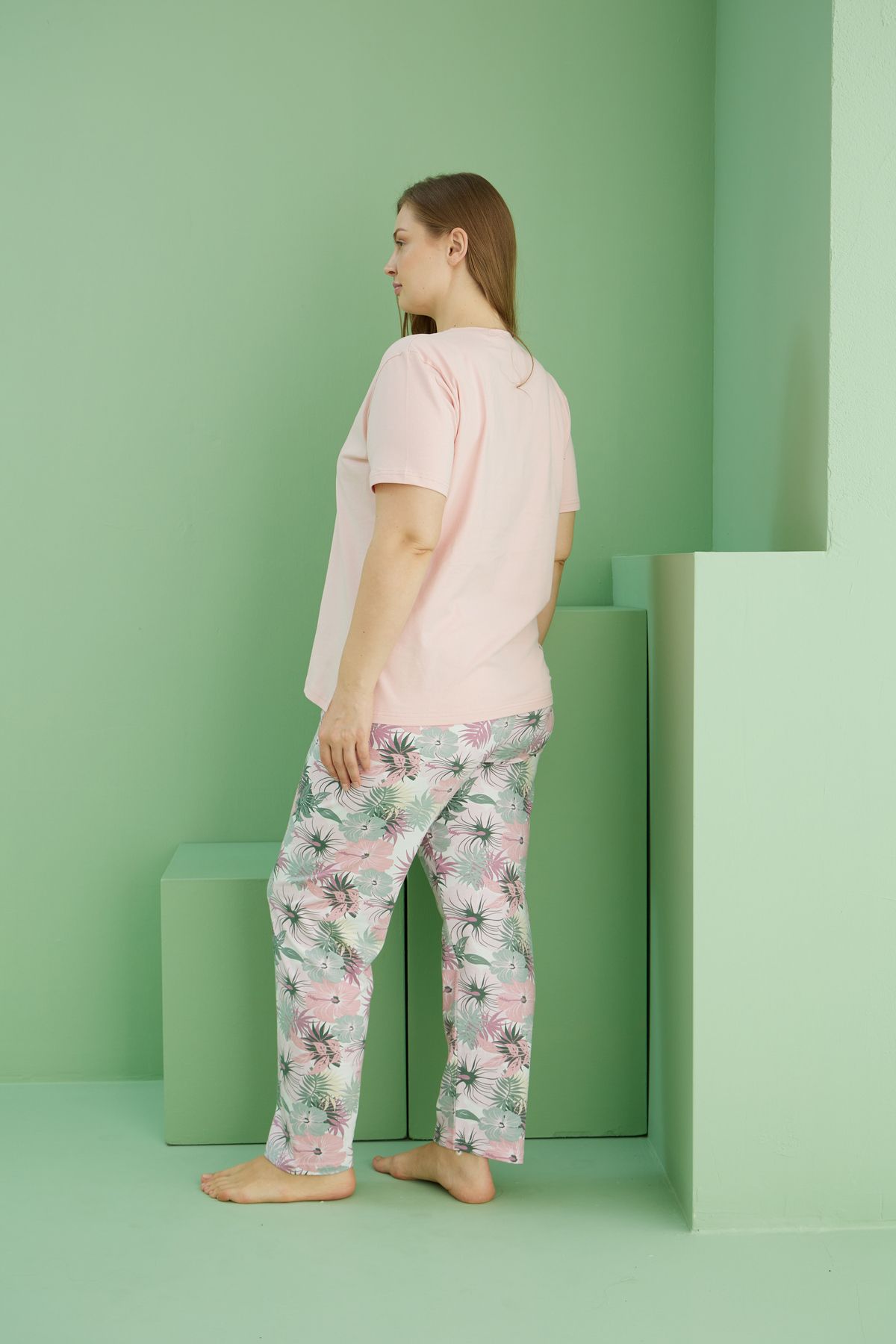 Siyah İnci-Salmon Patterned Curve Large Size Oversize Cotton Pajama Suit25113793 3