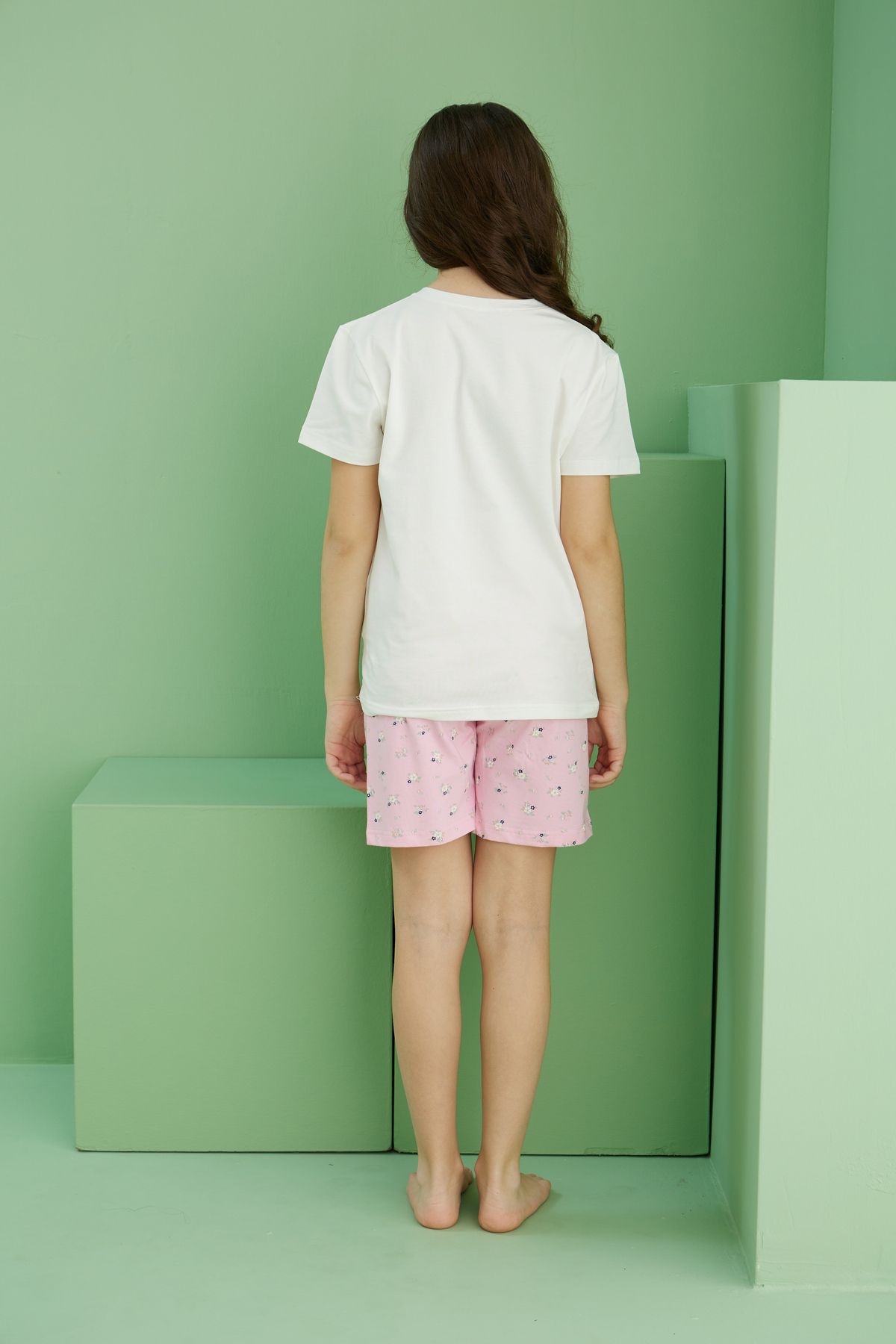 Siyah İnci-Ecru Patterned Cotton Crew Neck Knitted Shorts Set 25115025 5