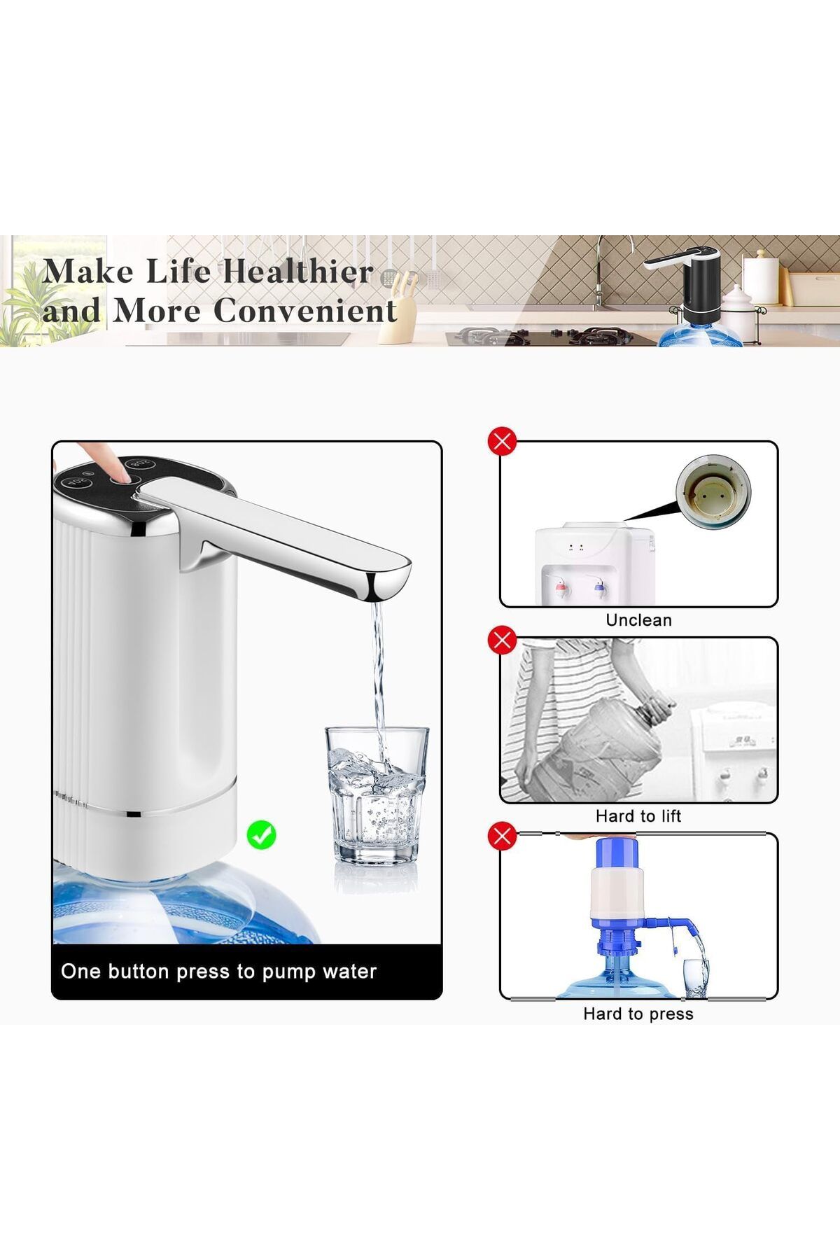 COOYA-Electric Foldable Water Bottle Pump, Timing & Quantitative Three Modes Type-C Charging (White) 2
