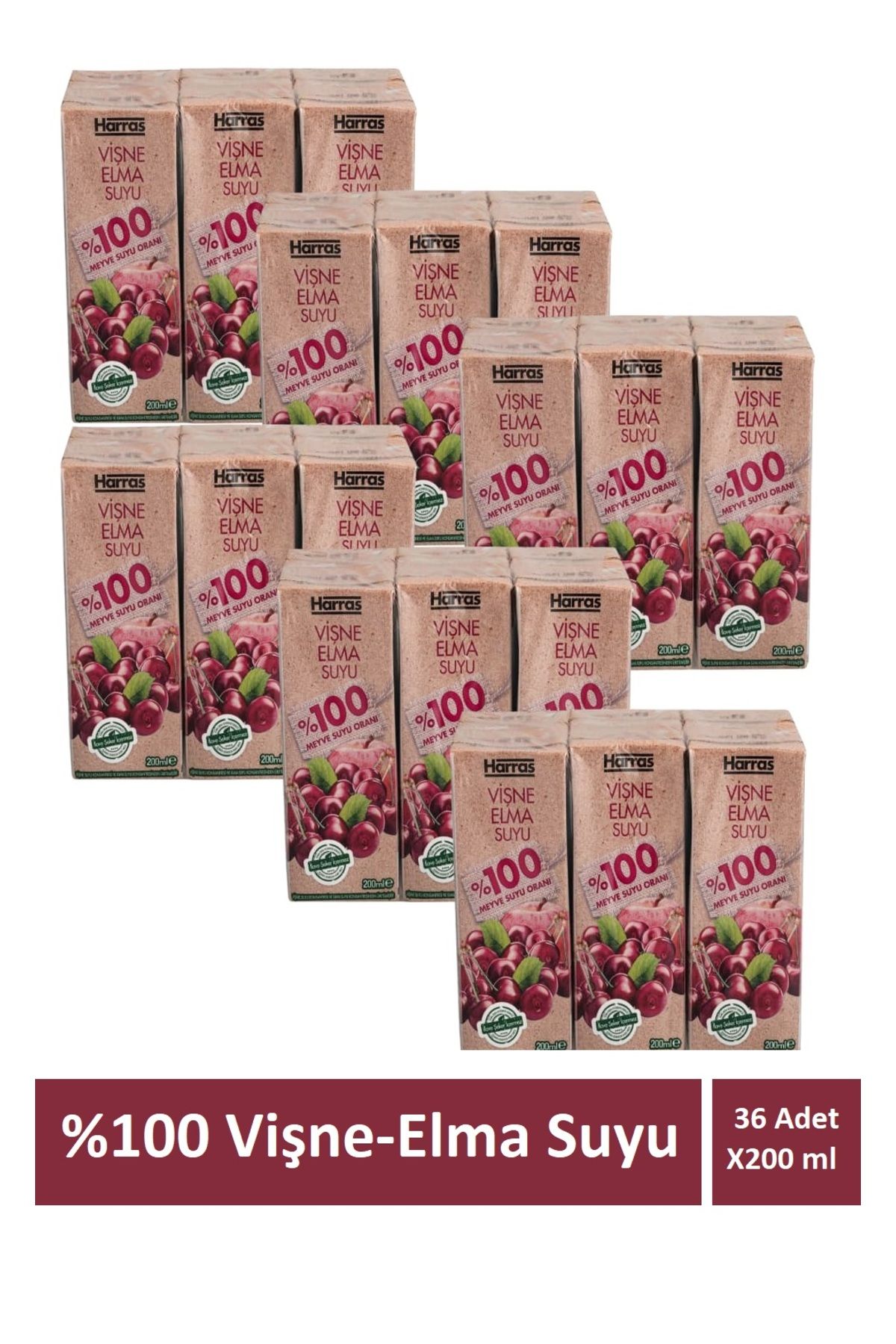 Harras Vişne Elma Suyu %100 Meyve Suyu Oranı Şeker İlavesiz 36 Adet X 200 ml