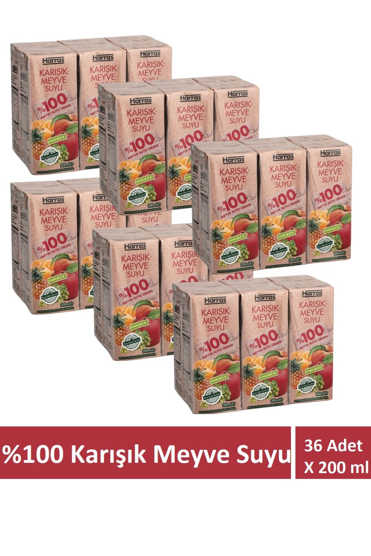 Harras Karışık Meyve Suyu %100 Meyve Suyu Oranı Şeker İlavesiz 36 Adet X 200 ml