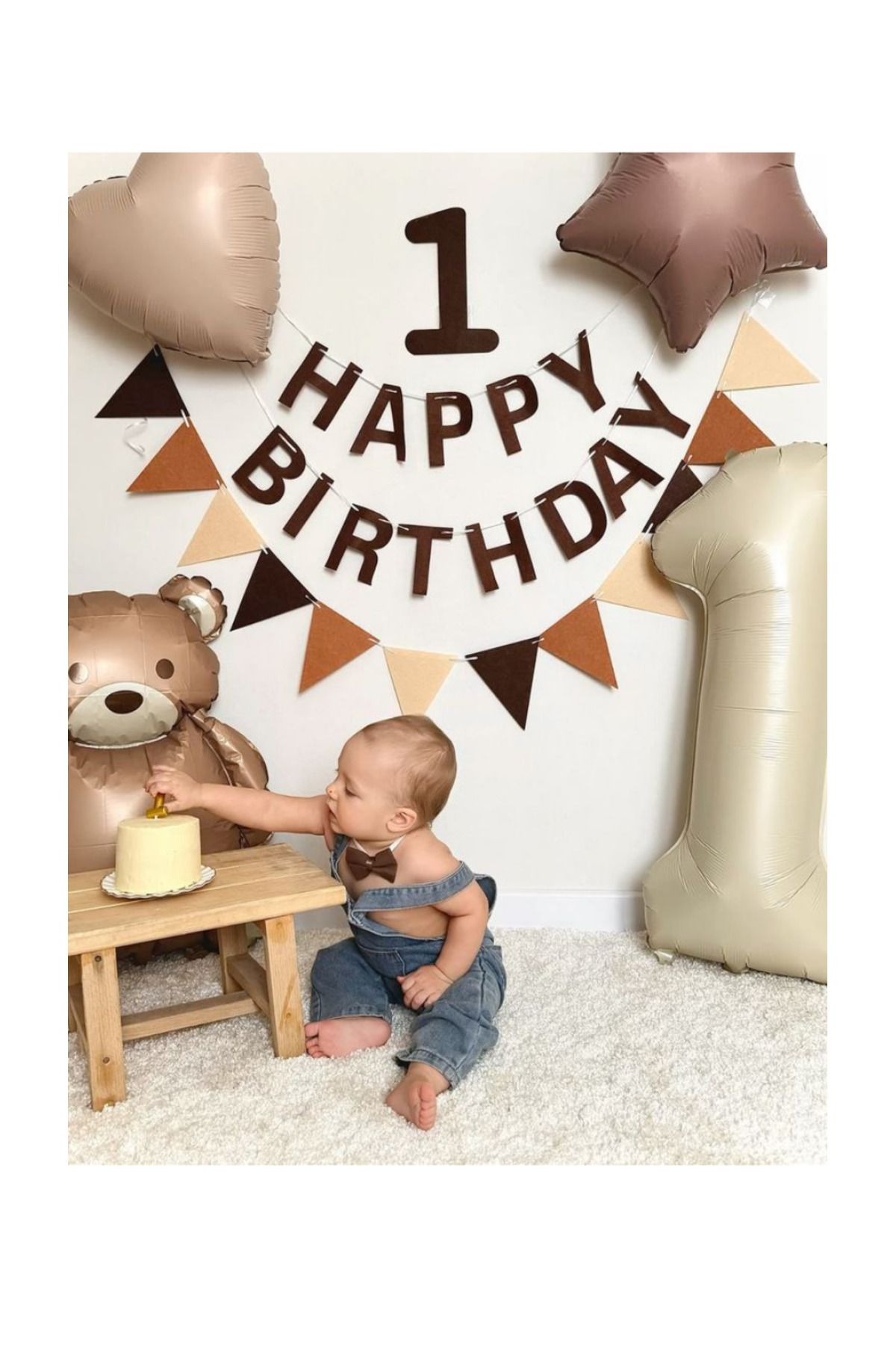 party world Ayıcık Folyo Happy Birthday 1 Yaş Folyo Balon Kalp Yıldız Balon Set