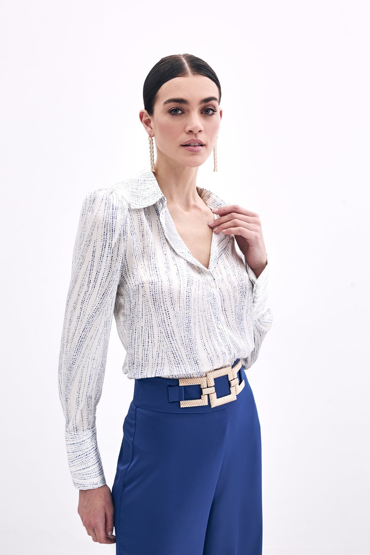 Sateen-قميص بأكمام واسعة - إكرو-أزرق 3