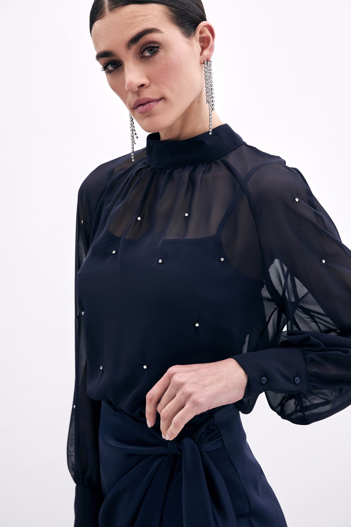 Sateen-Stone Detailed Transparent Blouse - Navy Blue 3
